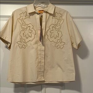 Cream Short Sleeve Blouse with Floral Cutouts